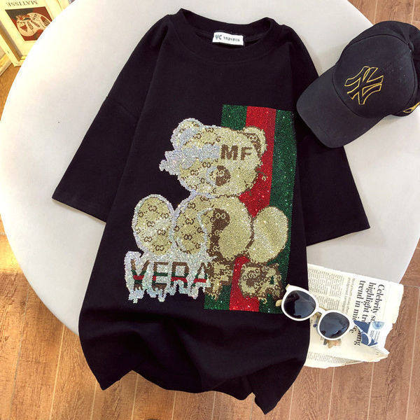 

Весна и лето 2025, тяжелая промышленность, горячий бриллиант, футболка средней длины с коротким рукавом, женская, с мультяшным принтом медведя, топ с круглым вырезом i M чёрный