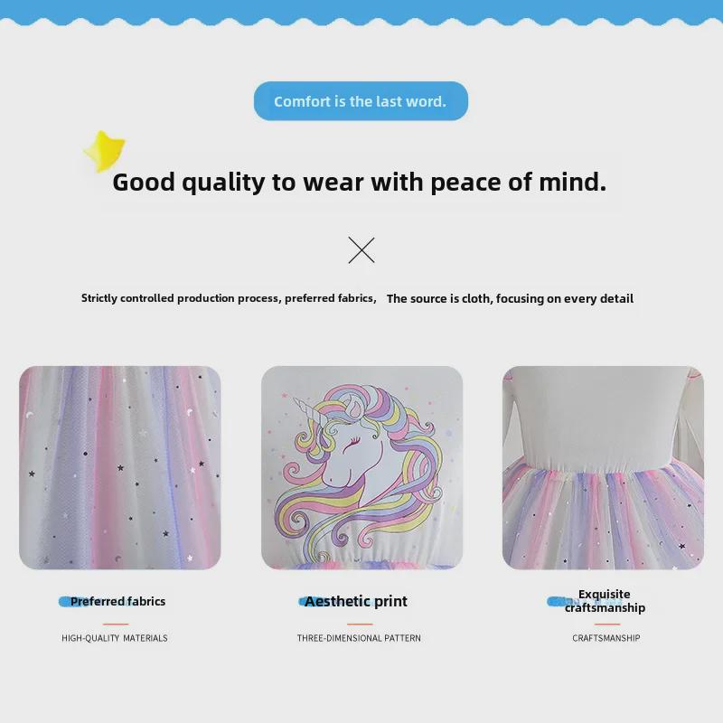 2025 Girls' Unicorn Rainbow Princess Dress: Long Sleeve, Sequined Mesh, Spring/Autumn Birthday Outfit