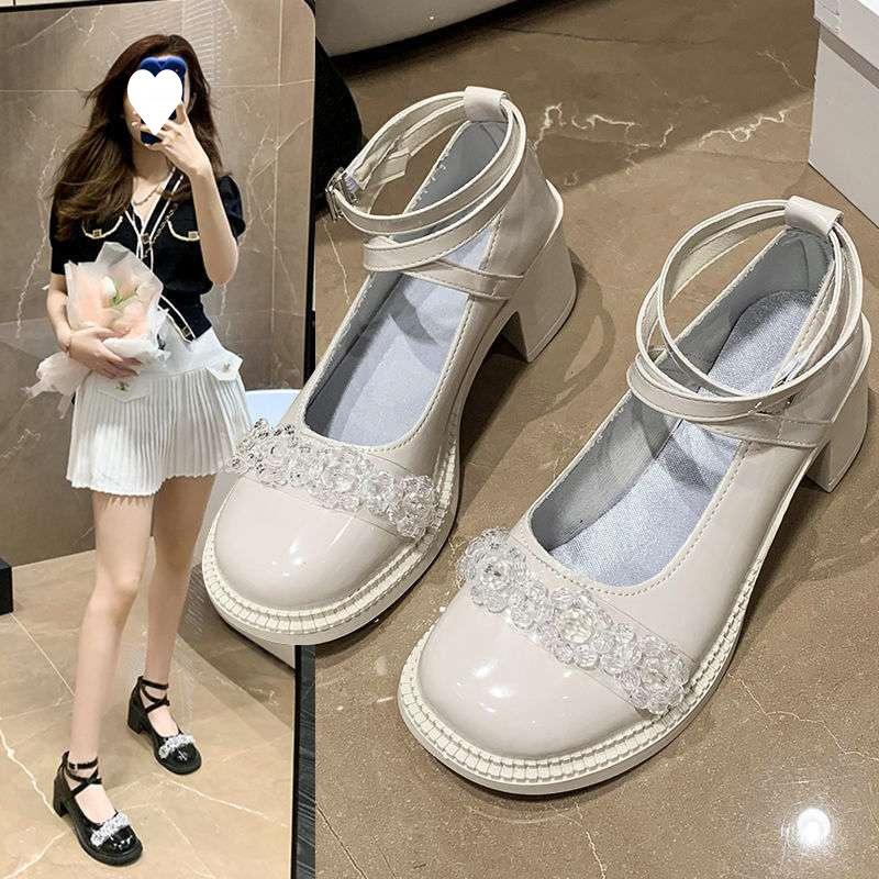 Fairy style Mary Jane shoes girl 2025 new thick heel rhinestone Korean version small leather shoes French strap high heels