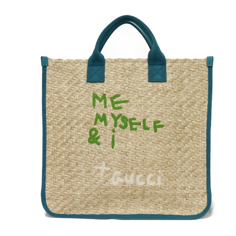 Used 9539 ME MYSELF & I Tote Bag 605831 7924 Emerald Green TIFFANY & Co. Blue Green White Logo Straw Natural Kids from