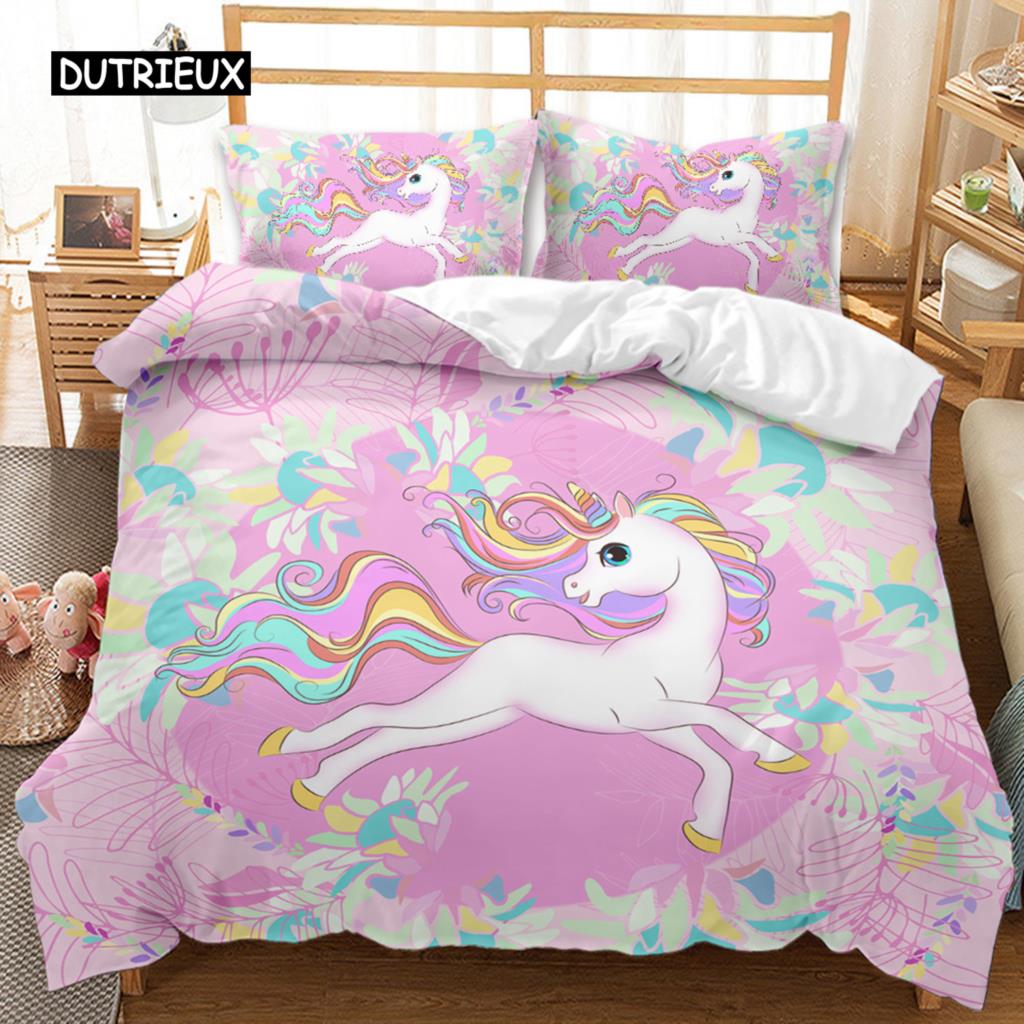 Unicorn Duvet Cover Set Cartoon Animal Bedding Set Single Twin King For Kids Girls Polyester Romantic Theme Star Comforter Cover