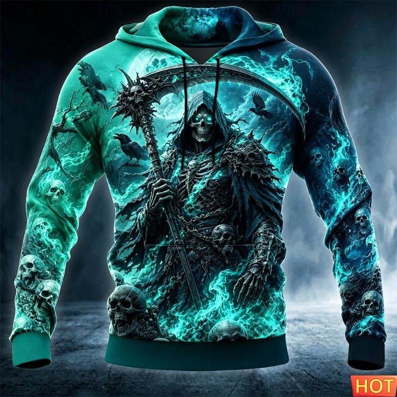 Men's Halloween Grim Reaper 3D Printed Hoodie Skull Raven Gothic Graphic Sweatshirt Long Sleeve Streetwear Outdoor Street Hoodie