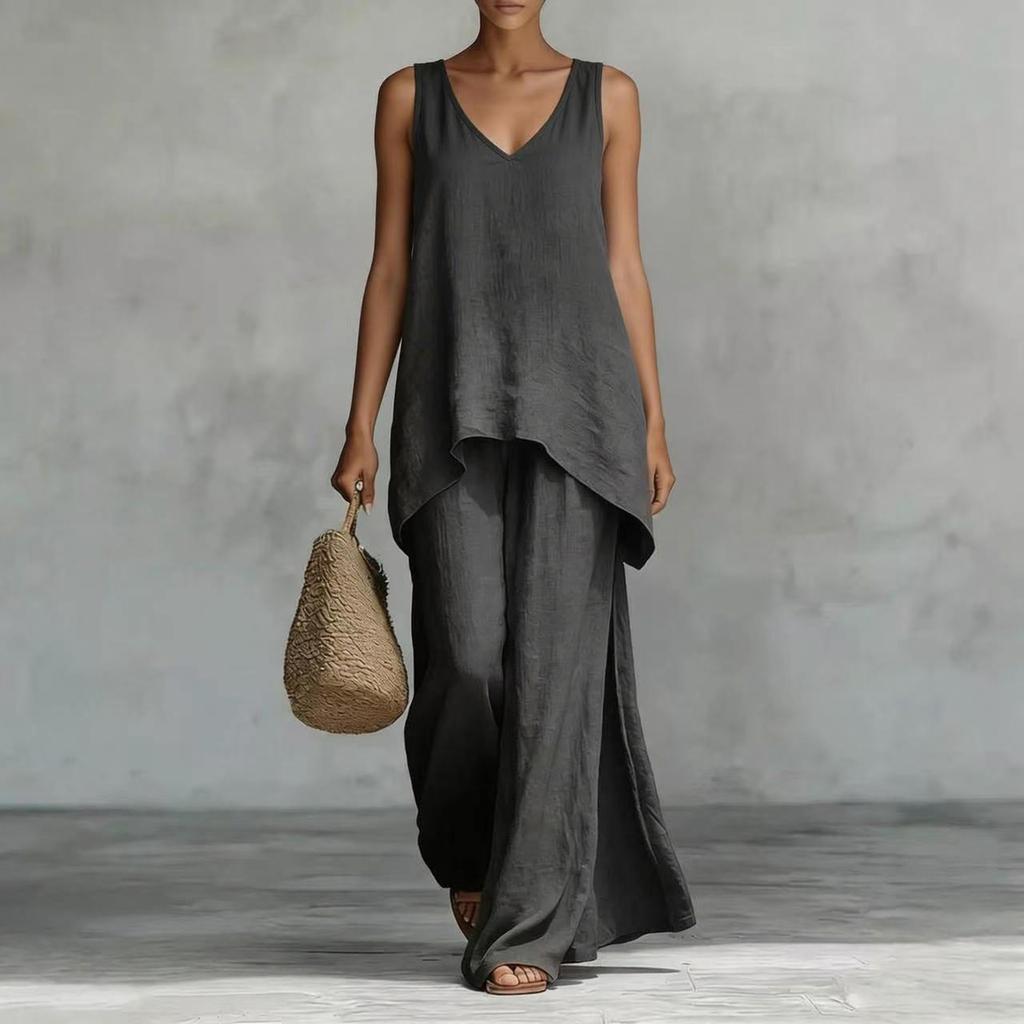 Women's Bohemian Wide Leg Pants and V Neck Cami Top Set - Flowy Summer Outfit