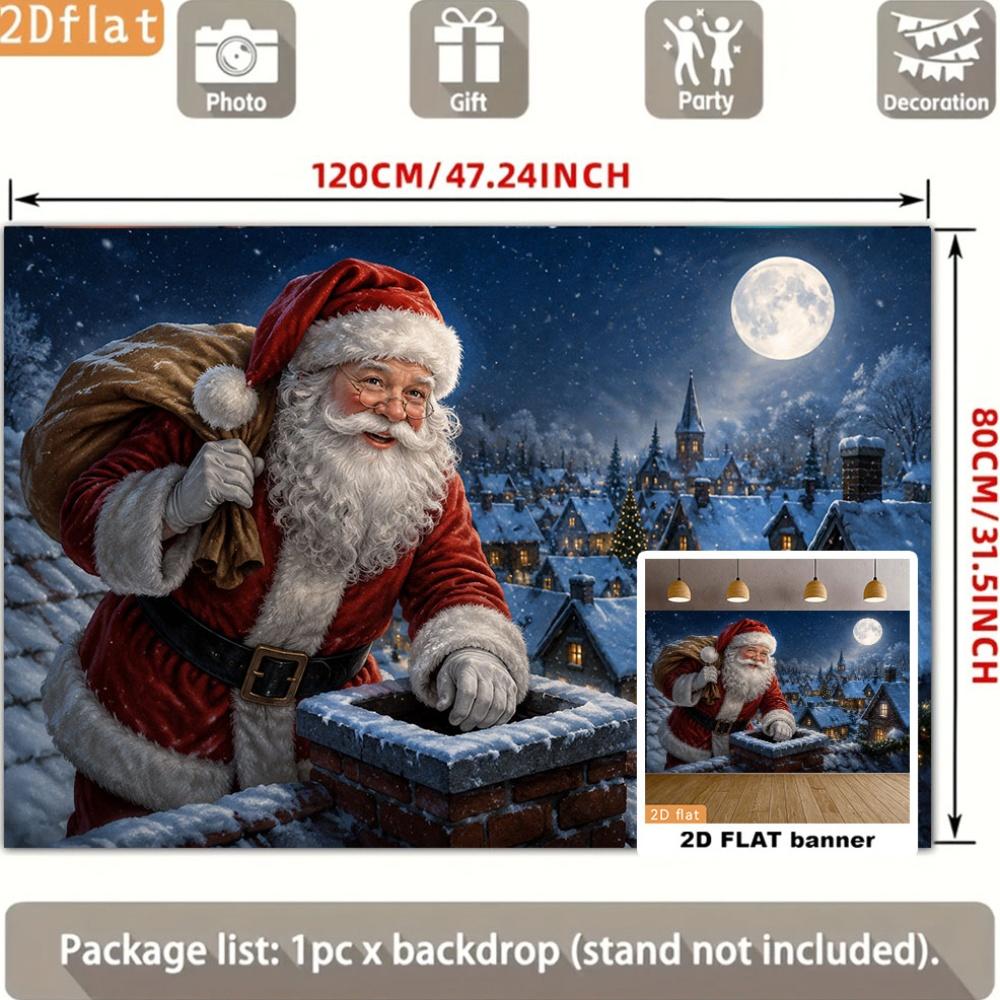 Christmas Party Backdrop Banner, Santa Climbing Chimney Scene, Xmas Holiday Photo Background for Indoor Outdoor Party Decor