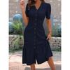 Damen V-Ausschnitt Kurzarm Knopfleiste Midi-Kleid mit Rüschensaum für Sommerliche Freizeitkleidung