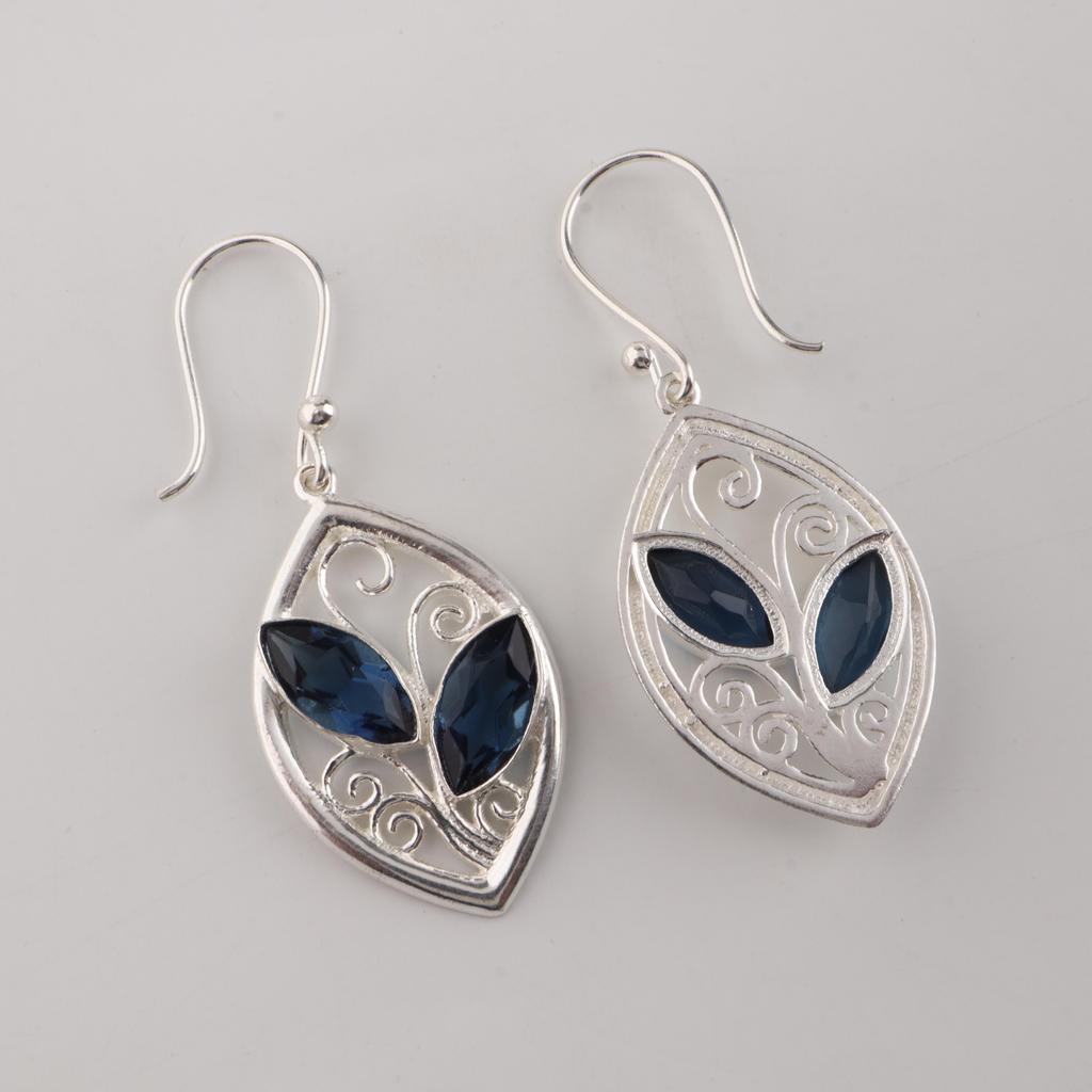 London Blue Topaz Gemstone Sterling Silver Handmade Earring 1.2", Elegant Silver Earring For Mother/Wife, Topaz Gemstone Earring CE-24-6