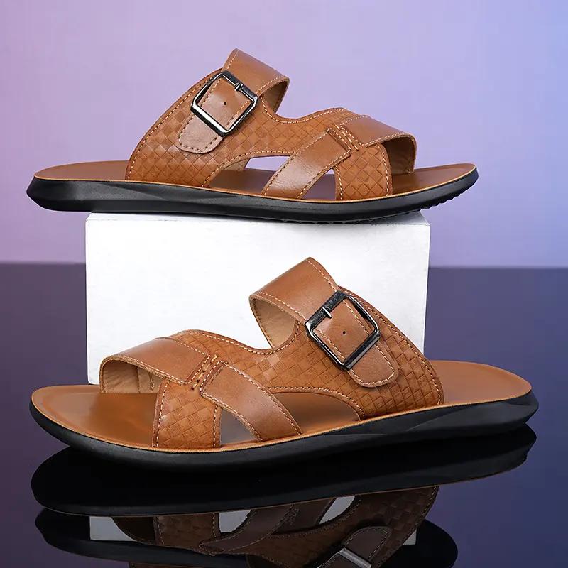 Men's Leather Slide Sandals Adjustable Buckle Casual Non-slip Summer Beach Slippers
