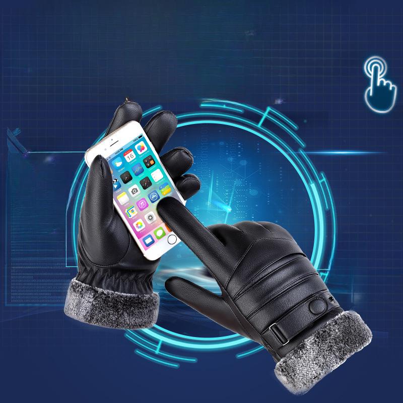 Warm Leather Gloves for Men Outdoor Skiing Cycling and Cycling Plus Velvet Thickened PU Washing Leather Winter Touch Screen Gloves