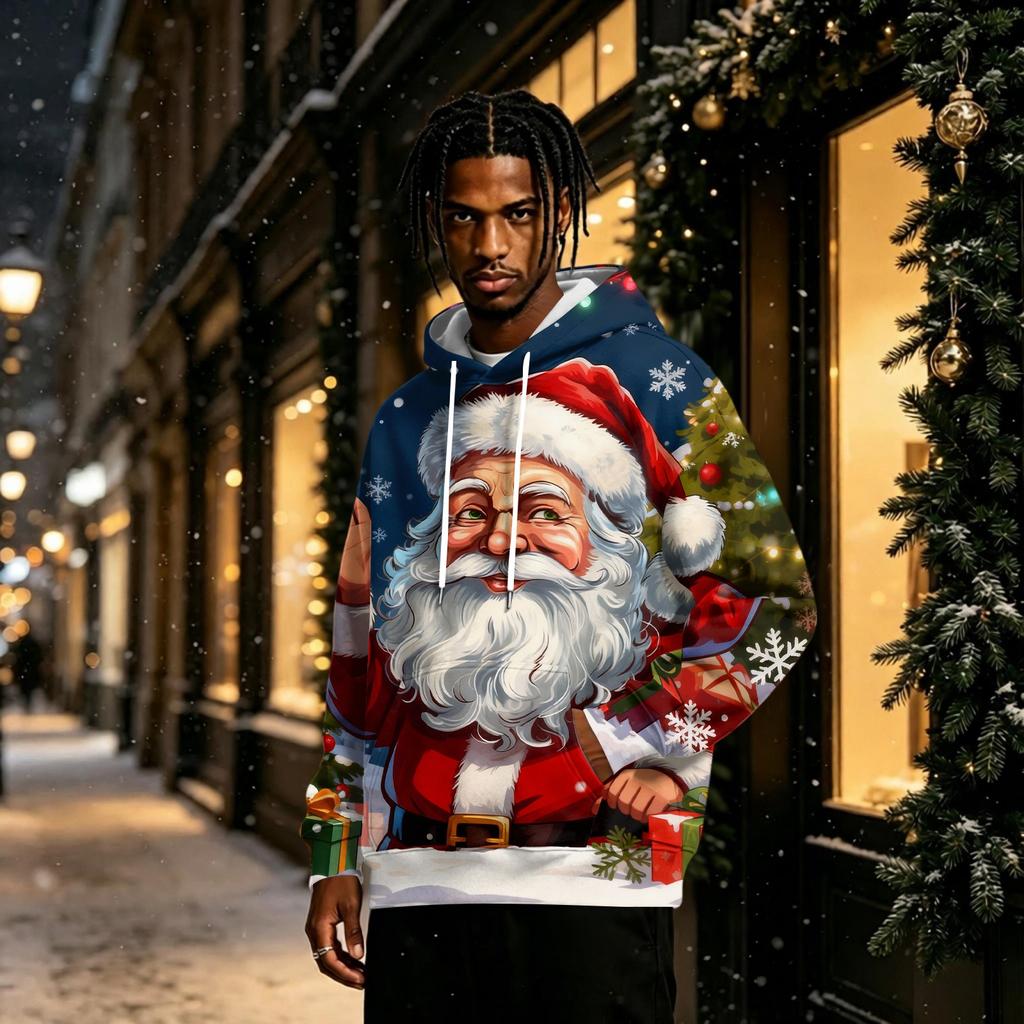 Men's Christmas Print Trendy -Lined Pullover Hoodie Long Sleeve Sweatshirt