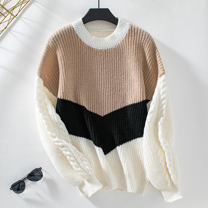 Color Block Cable Knit Crew Neck Pullover Sweater - Women's Autumn/Winter Loose Fit Knitwear