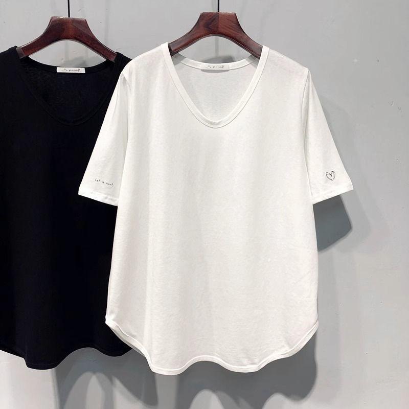 Women's Black Oversized Short Sleeve T-Shirt Side Heart Detail Curved Hem Casual Loose Top