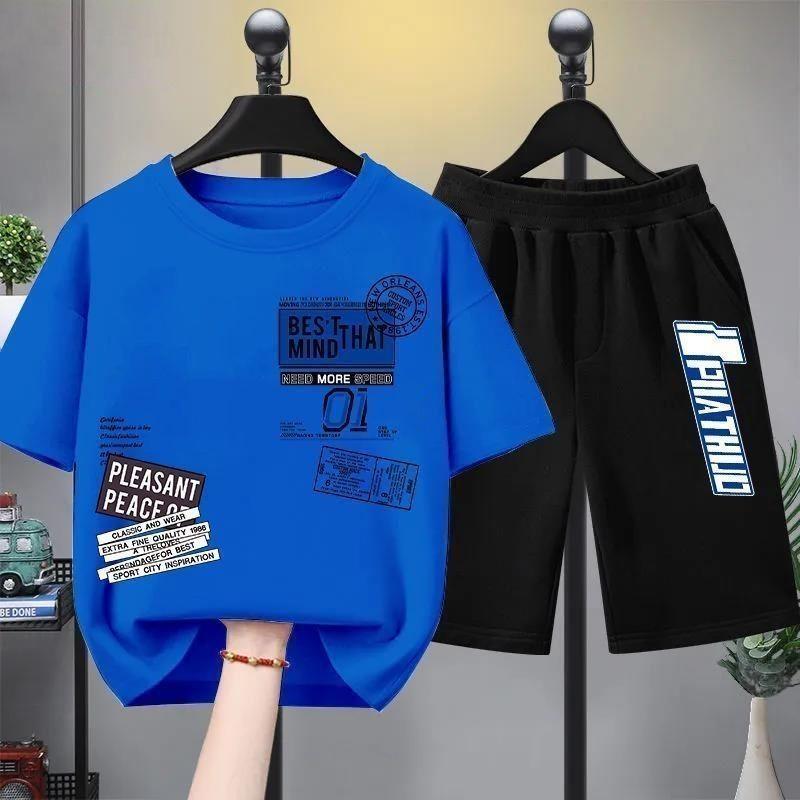 Boys and children's summer short sleeved T-shirt set, casual and fashionable