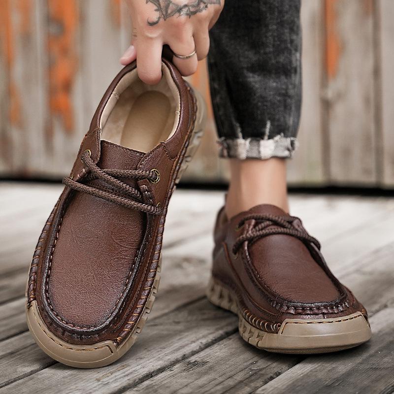 Men's Autumn Hand-Stitched Leather Driving Shoes - Large Size, Low-Top, Lace-Up, Flat Sole