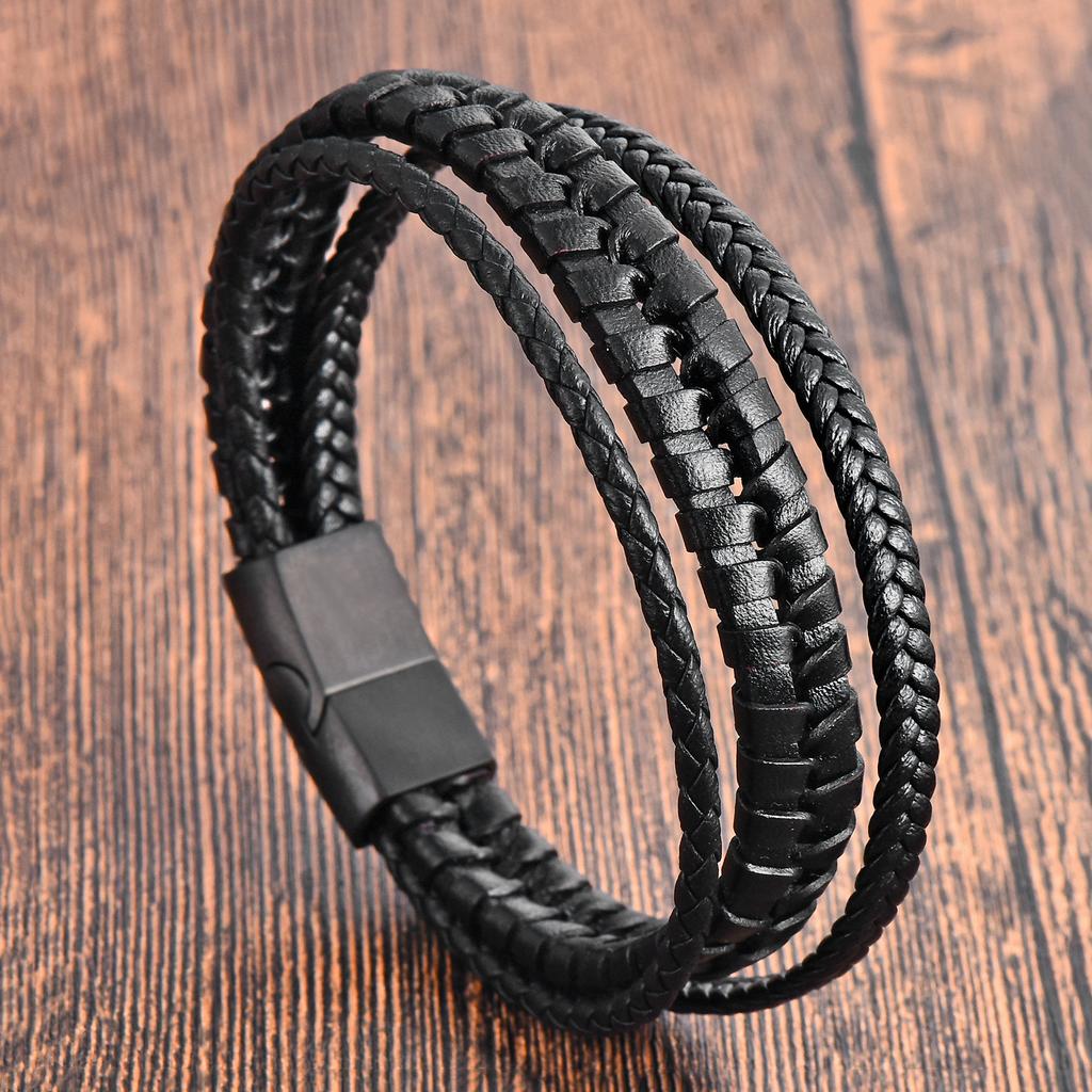 Men's Black Leather Bracelet Stainless Steel Double Layer Braided Wristband Fashion Handmade Cowhide Rope Jewelry Accessories