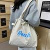 Korean Style Women's Large Nylon Tote with Letter Print, Drawstring, and Single Shoulder Strap