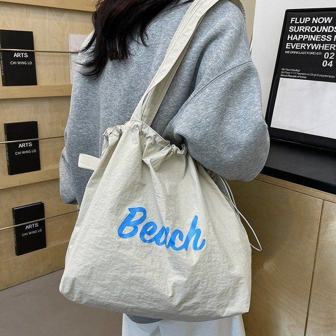 Korean Style Women's Large Nylon Tote with Letter Print, Drawstring, and Single Shoulder Strap