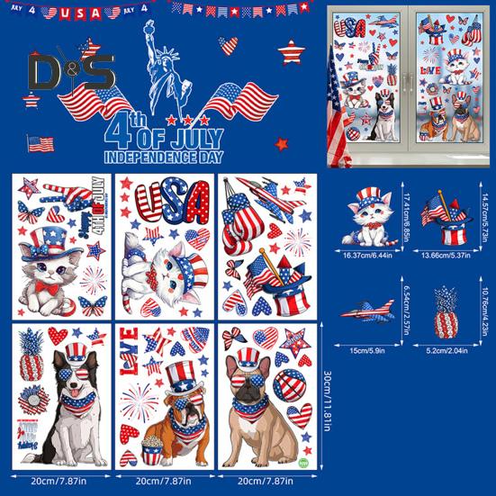 6Pcs Independence Day Static Stickers Easy To Apply Reusable Window Decals July 4th Indoor Outdoor Patriotic Decoration