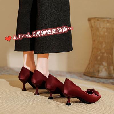 High Heels Women's Thin Heels Red Wedding Shoes New Small Heels Soft Leather Shallow Mouth Pointed Single Shoes