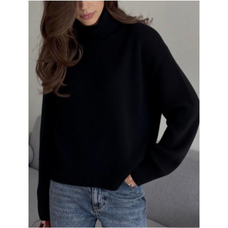 Womens Solid Color Turtleneck Sweater Loose Casual Knit Top Thick Versatile Winter