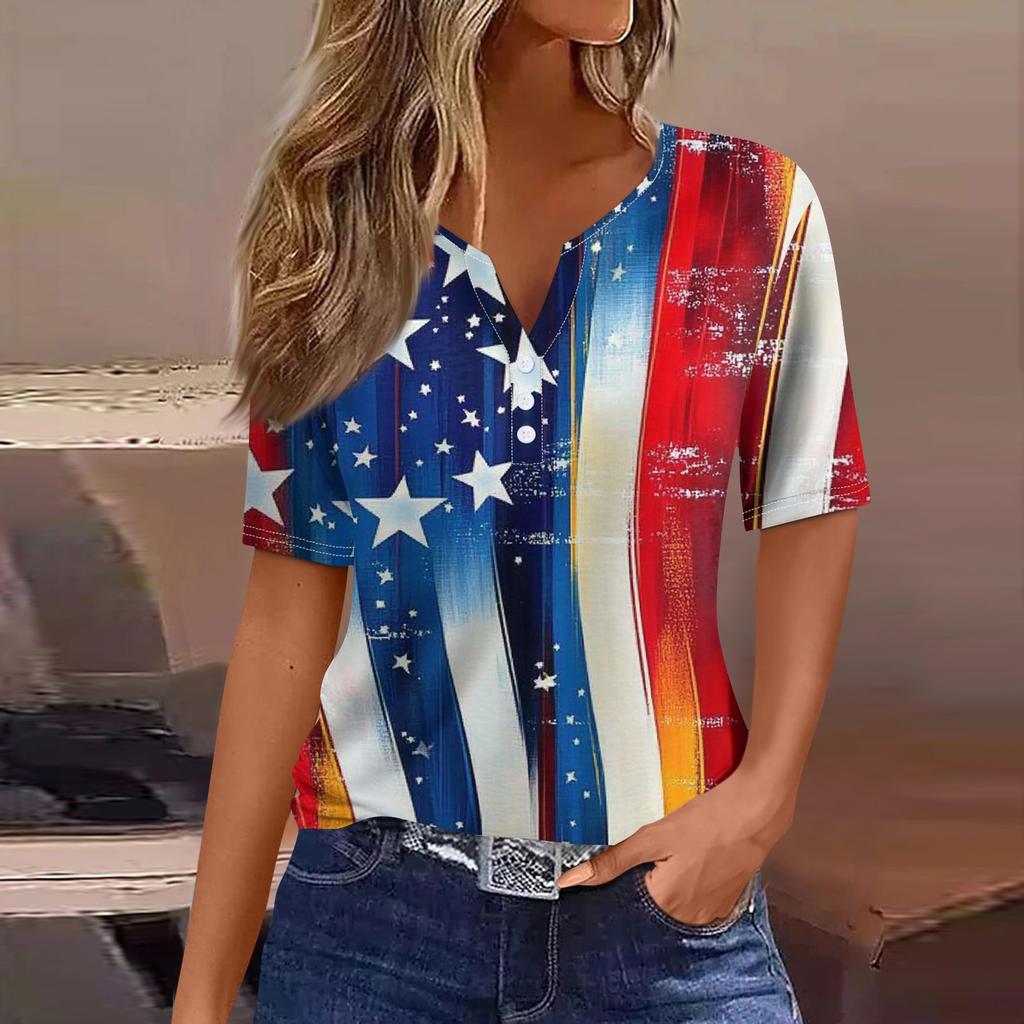 Damen-T-Shirt, T-Shirt, bedruckt, Knopfleiste, kurzärmelig, für den Alltag, Wochenende, modisch, Basic, V-Ausschnitt, normales Oberteil