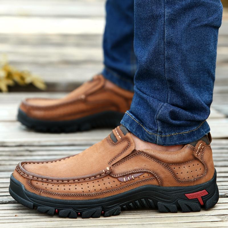 Handmade Leather Men Shoes Casual Outdoor Slip On Loafers Men Leather Shoes Flats Moccasins Walking Shoes Non-Slip Dropshipping