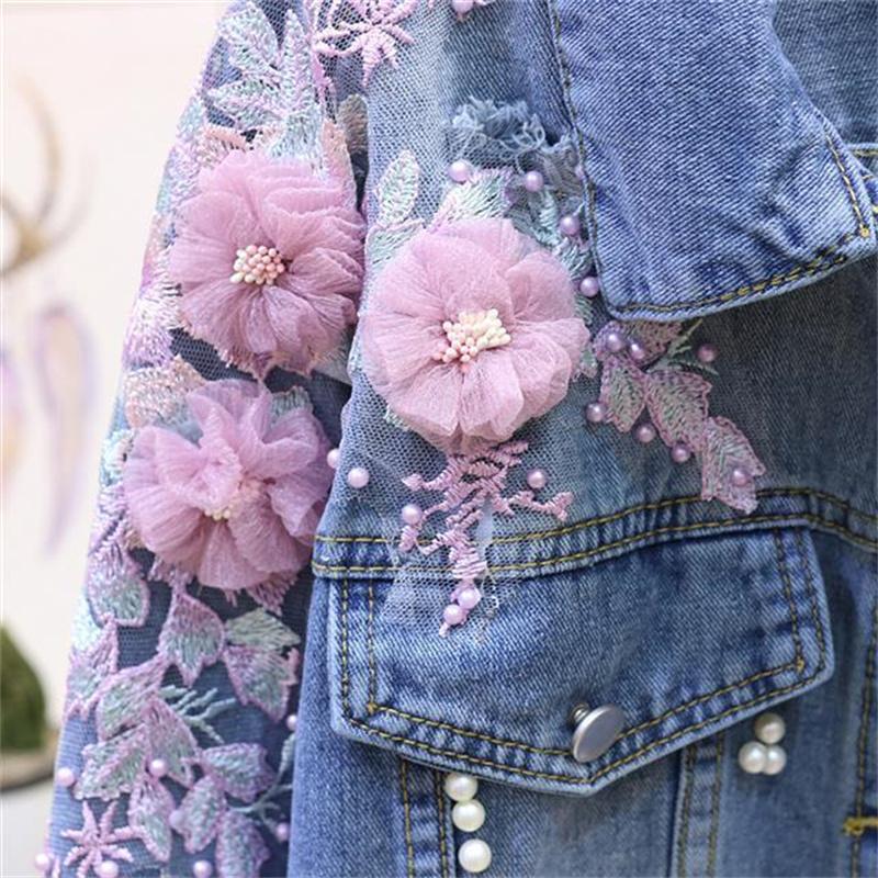 Embroidery Denim Short Jacket Female Spring Autumn Applique Diamond Holes Coat Loose Tops Student Jean Outerwear Jackets