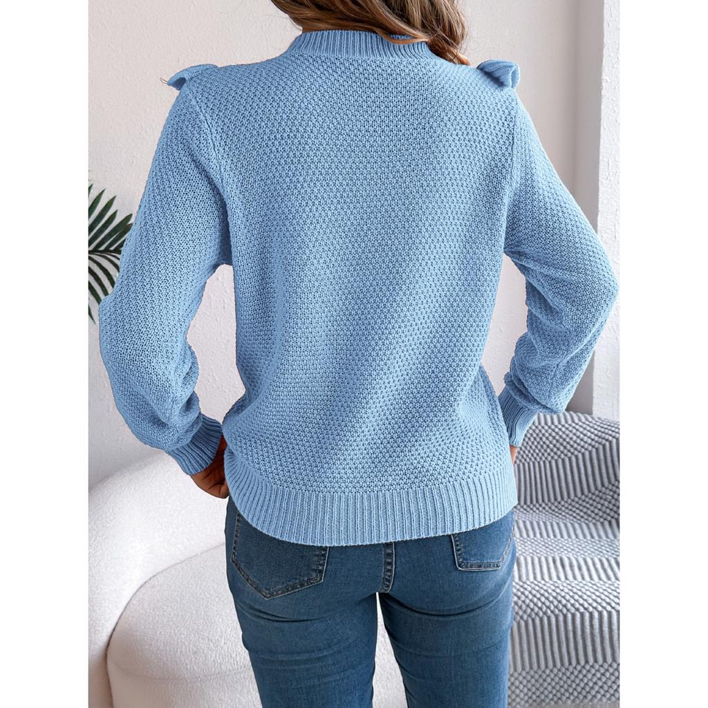 HNXC Elegant Solid Color Ruffled Long-sleeved Pullover Sweater for Women's Autumn and Winter