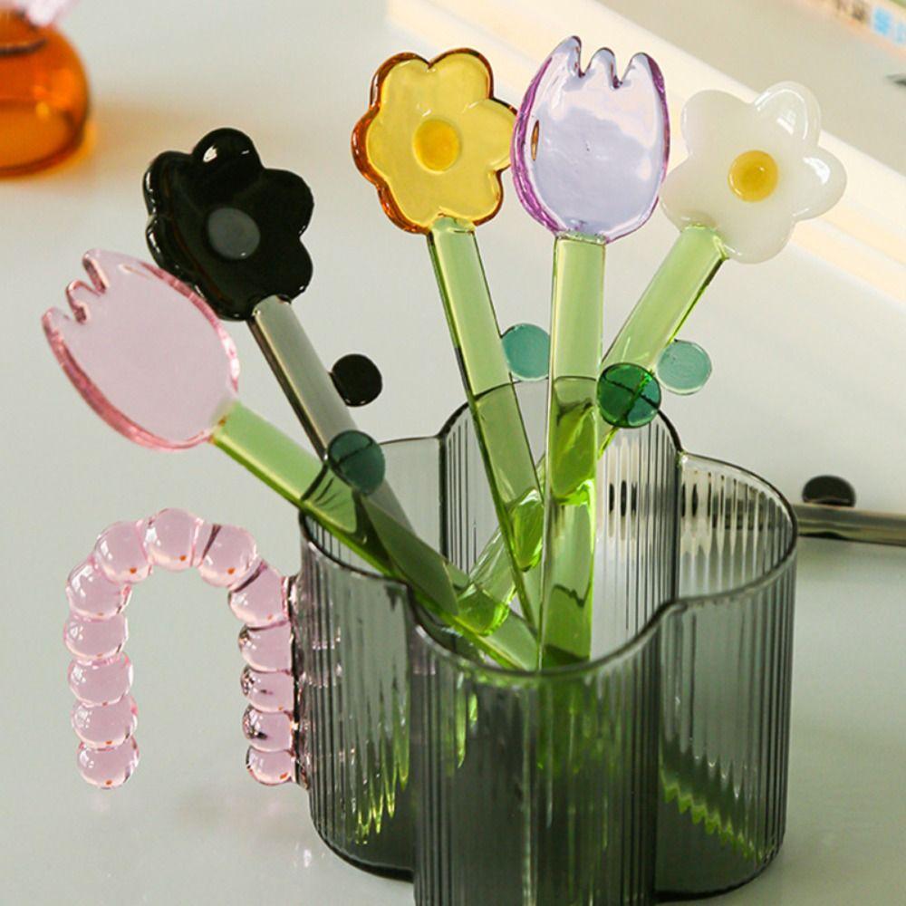 Flower Shaped Glass Spoon Long Handle Mixing Sticks Creative Coffee Stirring Spoon Stick Home