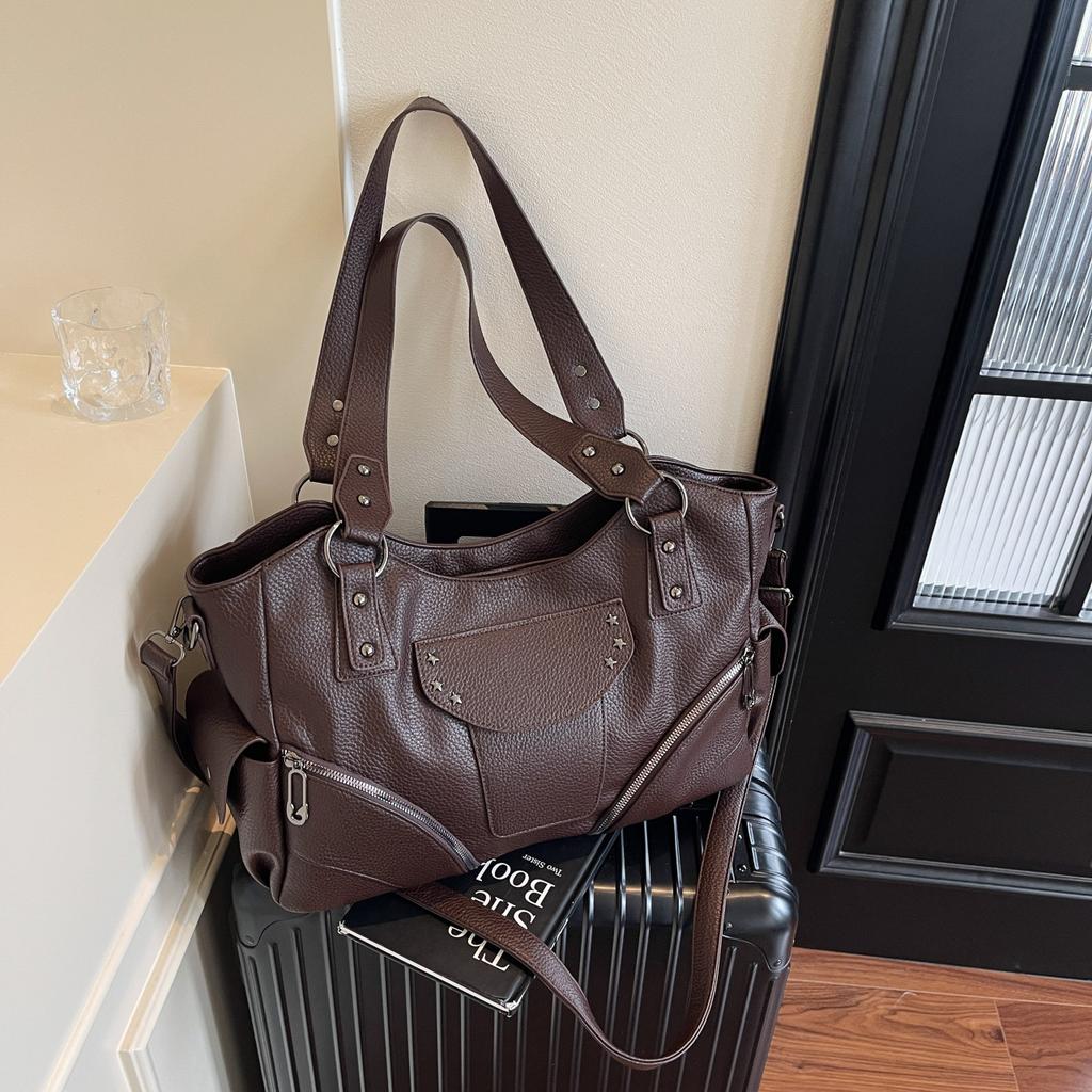 PU Shoulder Bag Women's Fashion Tote with Star Stud Detail and Dual Side Zip Pockets