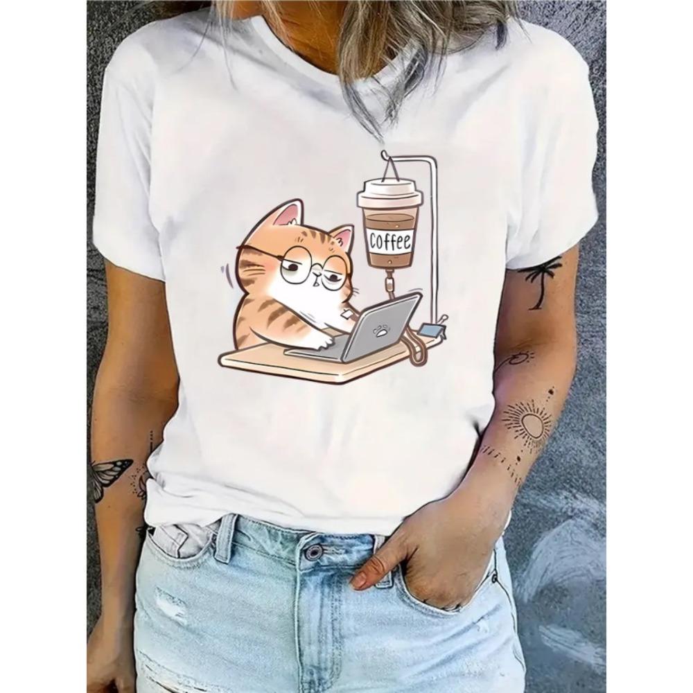 Fashionable Women Cartoon Forced To Work Kitten Print Short Sleeved T-shirt Breathable Casual Short Sleeved Trendy Top S