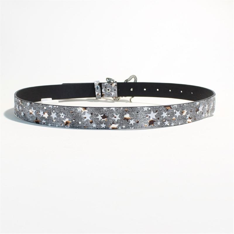Jean-Look Fashion Belt with Scattered Star Pattern, PU Leather Sash, Metal Hardware and Fit Adjustment Points for Outfits