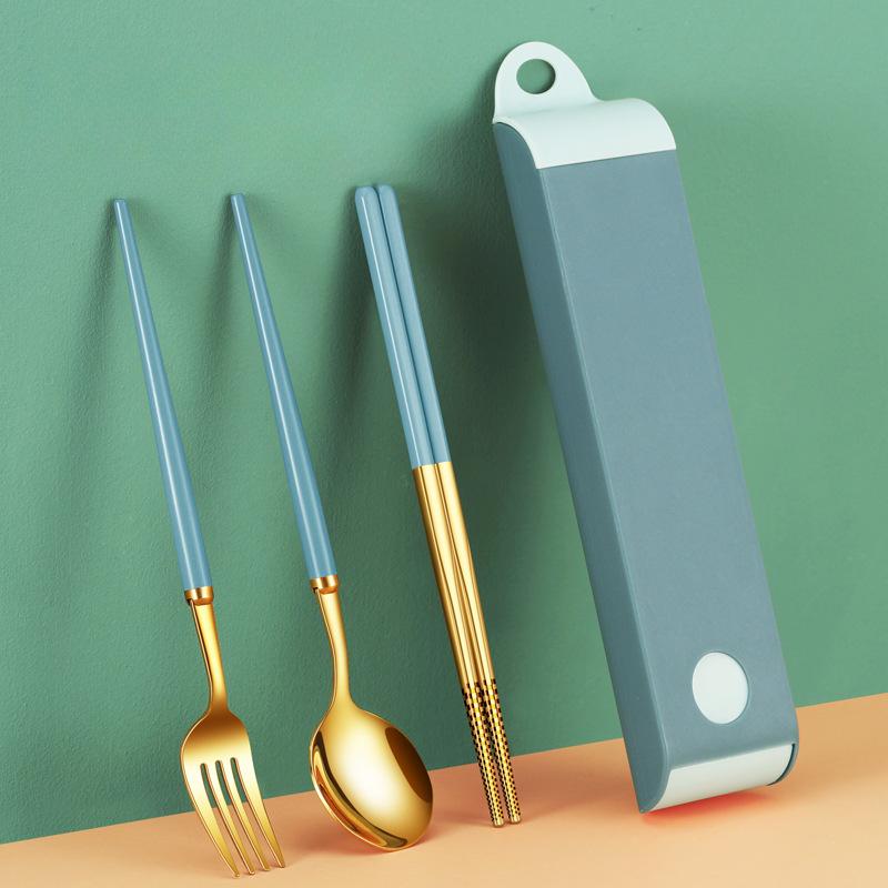 Stainless Steel Tableware Set Spoon Outdoor Chopsticks Three-piece Set Student Portable Tableware Set