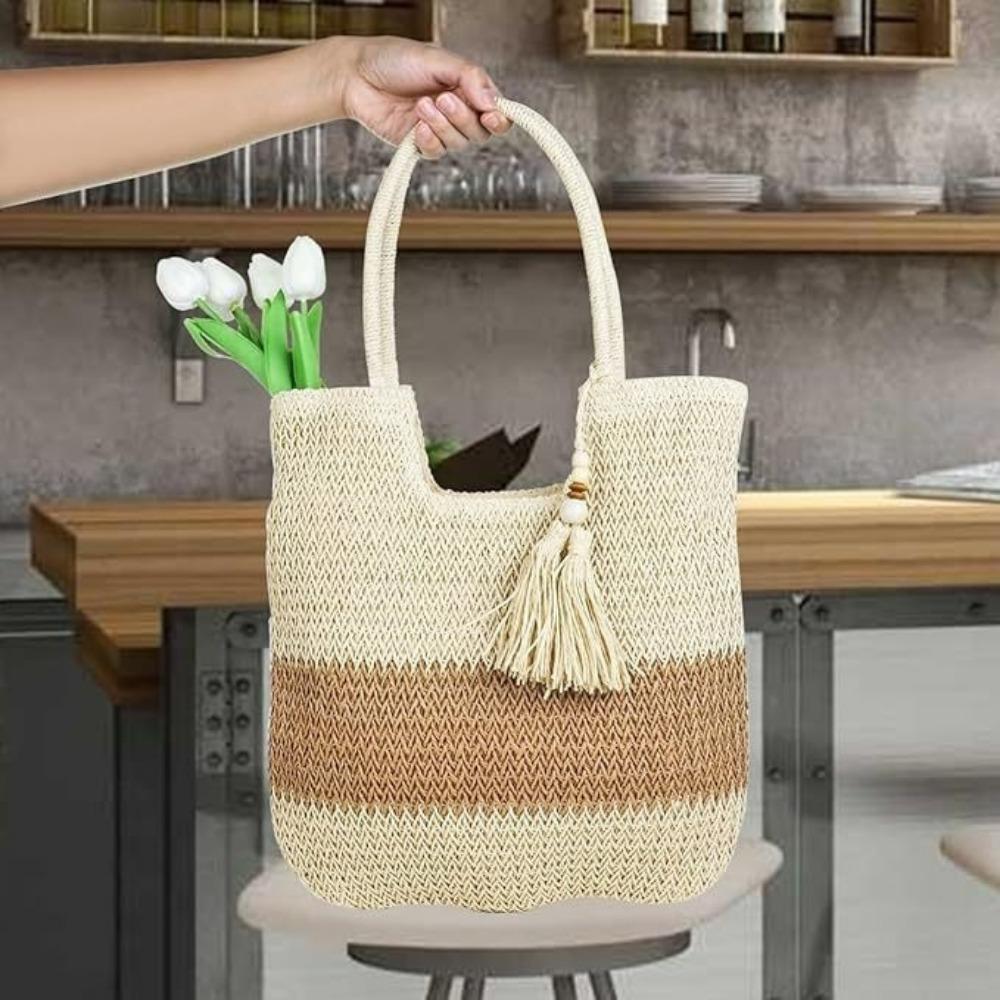 New Large Capacity Straw Woven Bag with Tassels Weave Beach Bag Shoulder Bag For Women