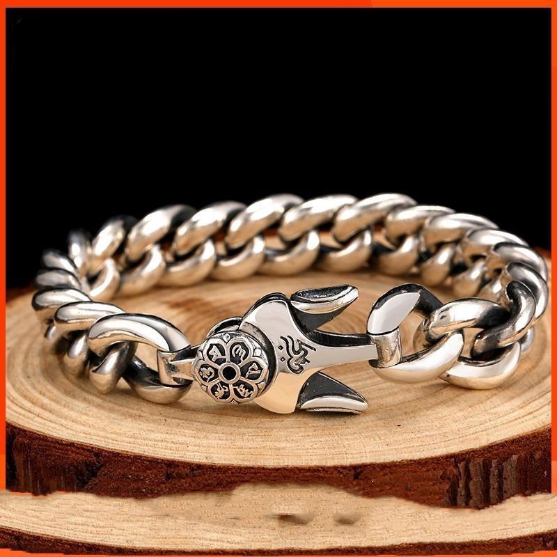 High-end Retro 925 Silver Retro Thai Silver Men's Bracelet Six-character Mantra Simple Personalized Trendy Men's Jewelry