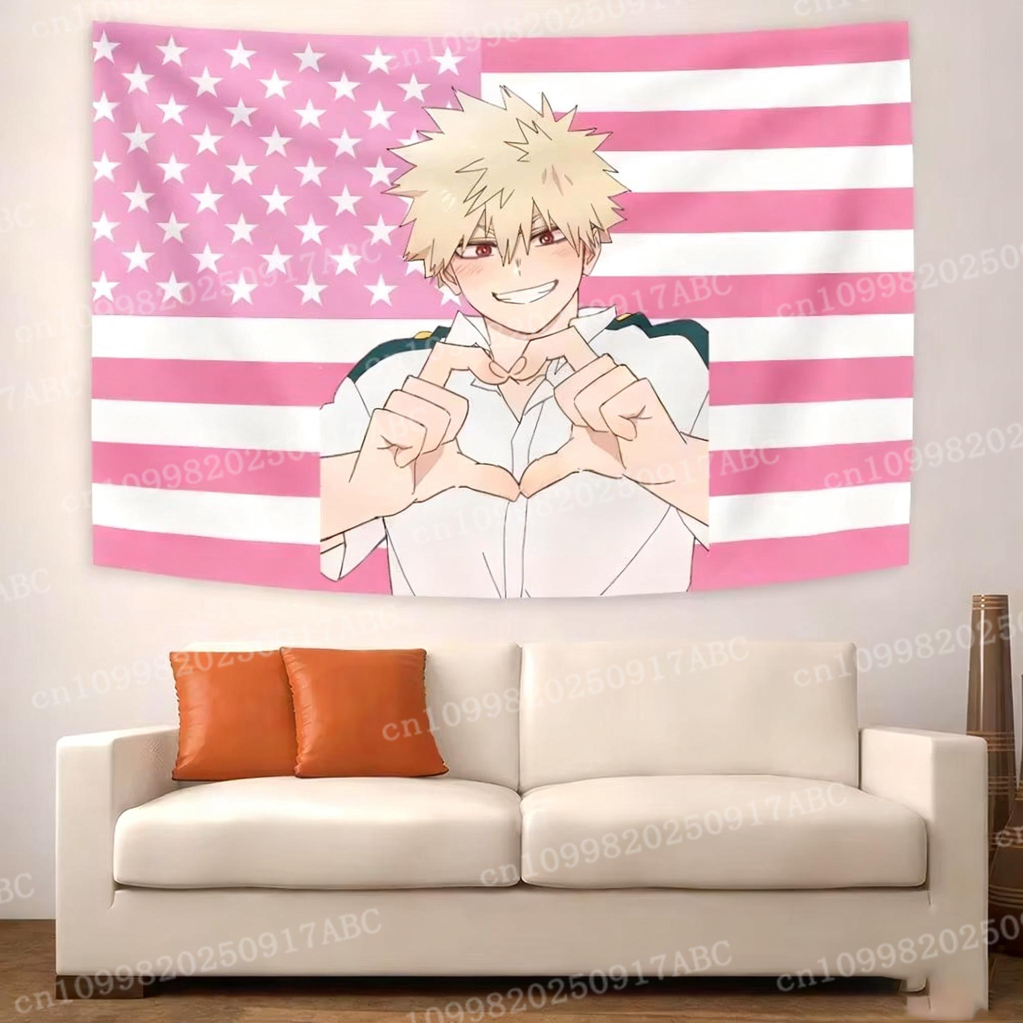Katsuki Bakugo Tapestry - Pink US Flag Anime Wall Hanging, Ideal for My Hero Academia Fans & Otaku Bedroom Decor 100X70CM