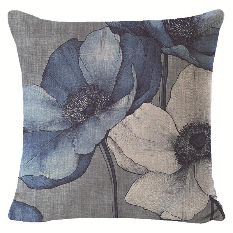 

Blue Ink-wash Floral Linen Pillowcase for Living Room Sofa Decoration, Pillow Cover with Label 45 * 45 separate pillow cover