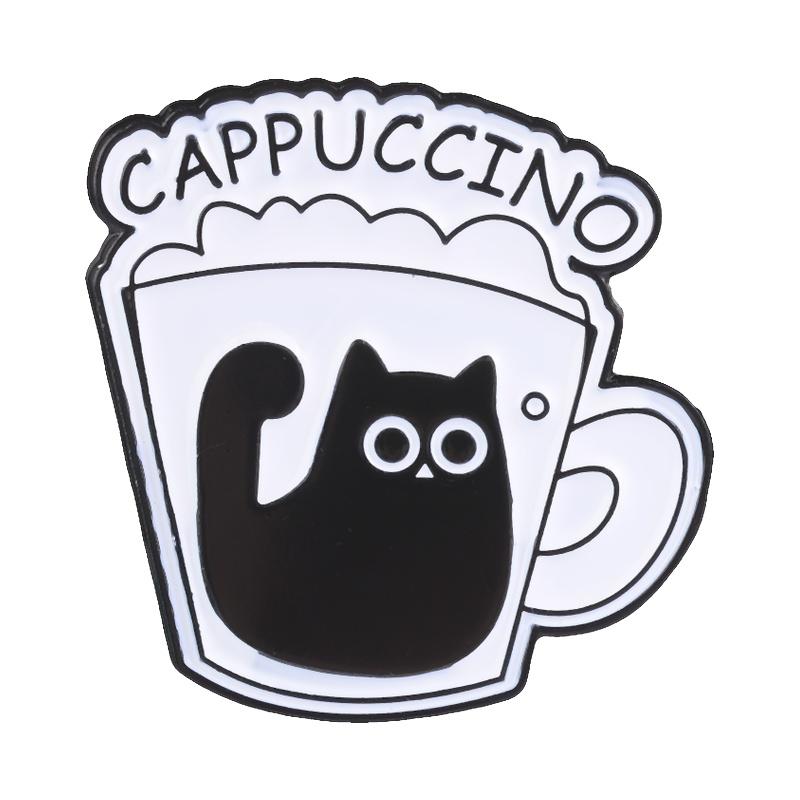 Cute Coffee Cup Cat Enamel Pins Funny Americano Latte Mocha Cappuccino Cartoon Black Kitten Brooches Lapel Badge Jewelry Gifts