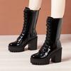 Fashion 10cm Small Size 32-43 Fall Winter Genuine Leather Boots Platform Shoes Womens Block High Heels Mid Leg Boots Office Model