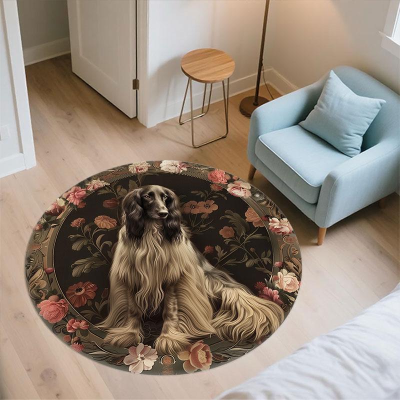 Dogs & Vintage Flowers Pattern Round rug,Carpet Rug for Living Room Bedroom Playroom ,Non-slip Floor Mat,Holiday Gifts and Birthday Gifts.