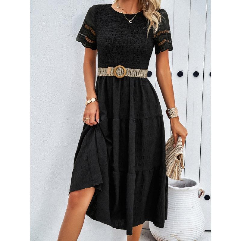 Women's Spring and Summer Temperament Solid Color Short-sleeved Hollowed Out Dresses