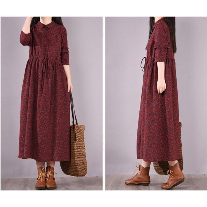 Spring and Autumn Retro Floral Cotton Linen A-Line Long Waist-Cinching Belted Long Sleeves Turn-down Collar Large Size Women's Dress