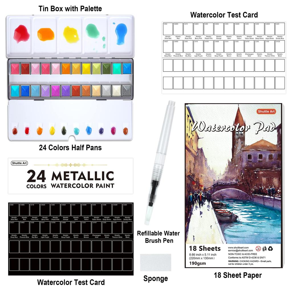 Shuttle Art Solid Watercolor 24 Color Solid Half Metallic Pareto Water Brush Includes Drawing Pearl Good Easy To Quick Outdoor Coloring Learning Art