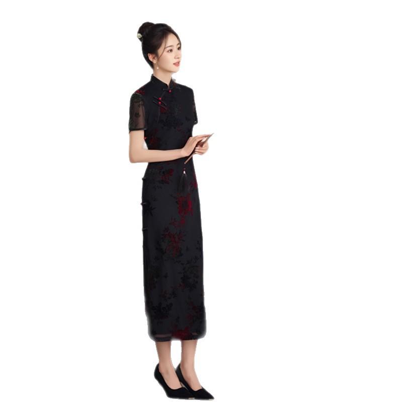 New Chinese black original beautiful cheongsam new middle-aged and elderly temperament advanced sense waist and thin daily wear