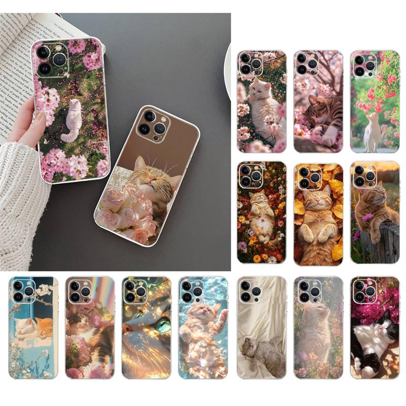 Phone Case For iPhone 17 Pro Max Air 16 15 14 13 Pro Max 15 16 Pro 15Plus Flower Cat Silicone Cover