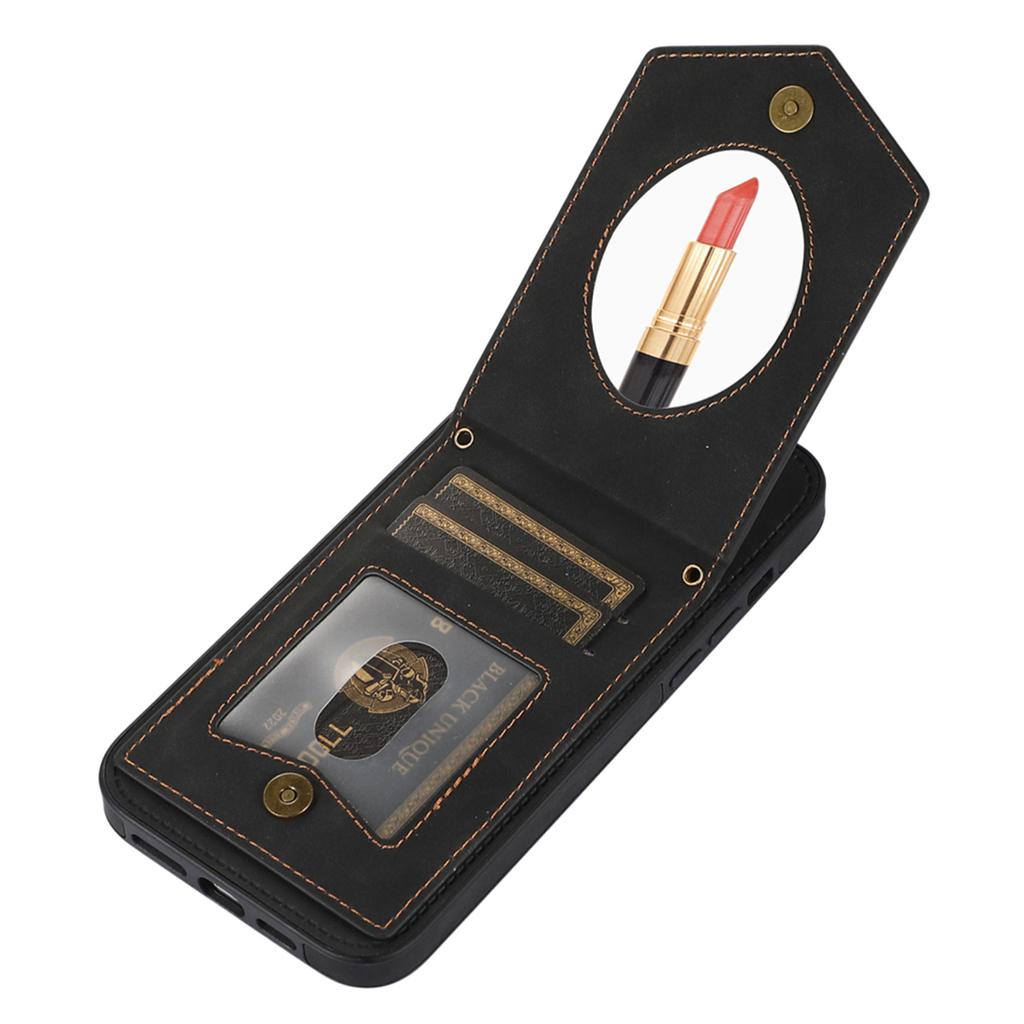 For iPhone 15 RFID Blocking Card Holder Phone Case Mirror Kickstand Imprinted PU Leather Coated TPU Cover with Shoulder Strap