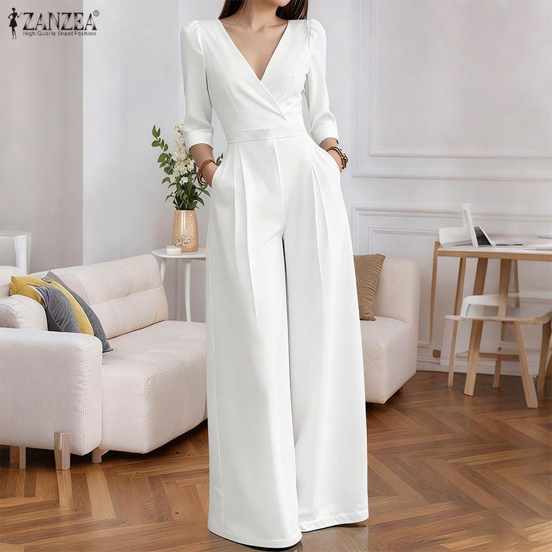 ZANZEA Damen Lässiger V-Ausschnitt 3/4 Ärmel Lockerer Langer Jumpsuit