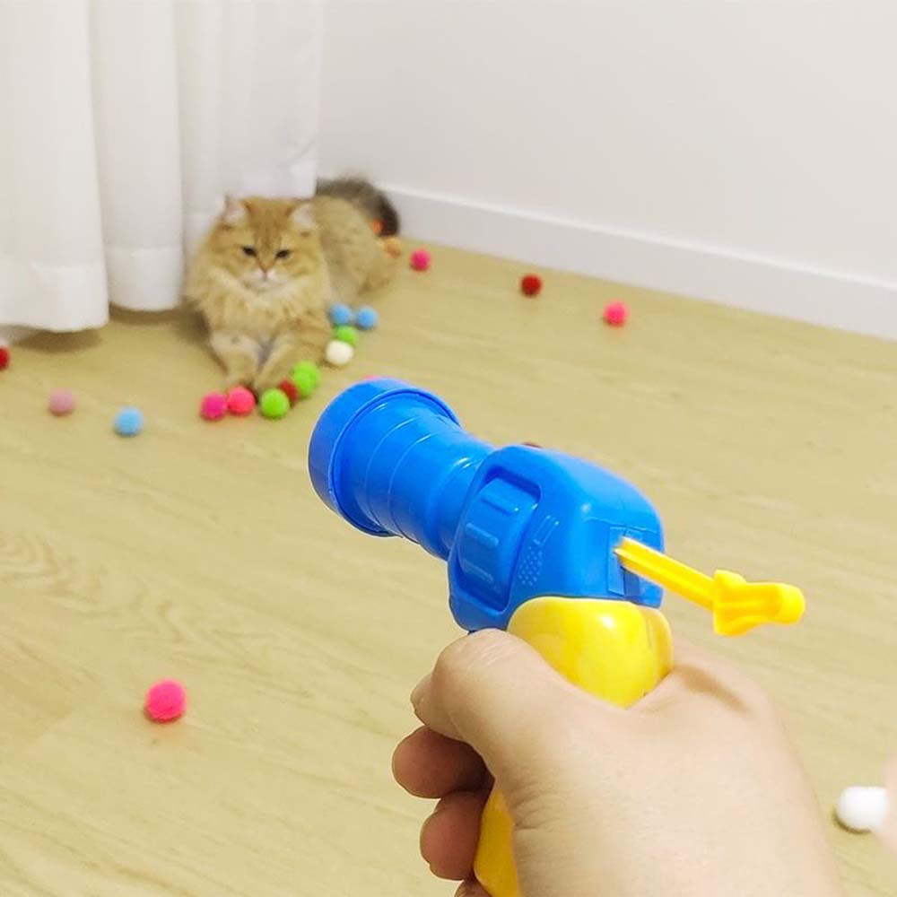 1 Stück Pistole mit 20 Spielzeugkugeln Katze Plüschballpistole Stressabbau Leiser Ball Mikroelastisch Elektrostatisch Klebriges Fell Katzenspielzeugball