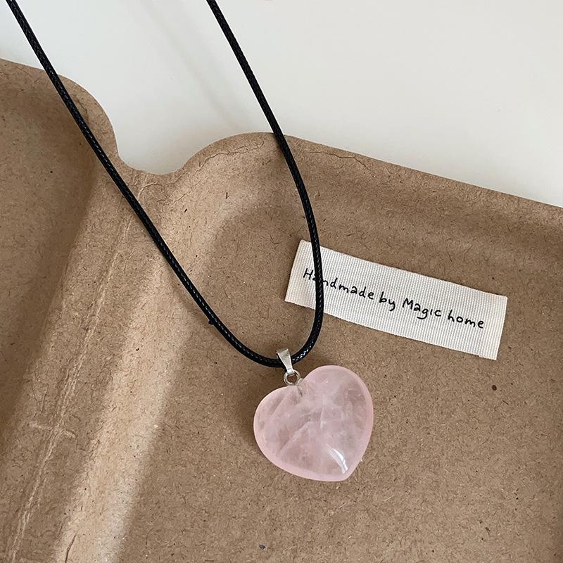 Natural Stone Heart Pendant Necklace - Black Cord, Women's Fashionable Choker for Commuting & Versatile Wear