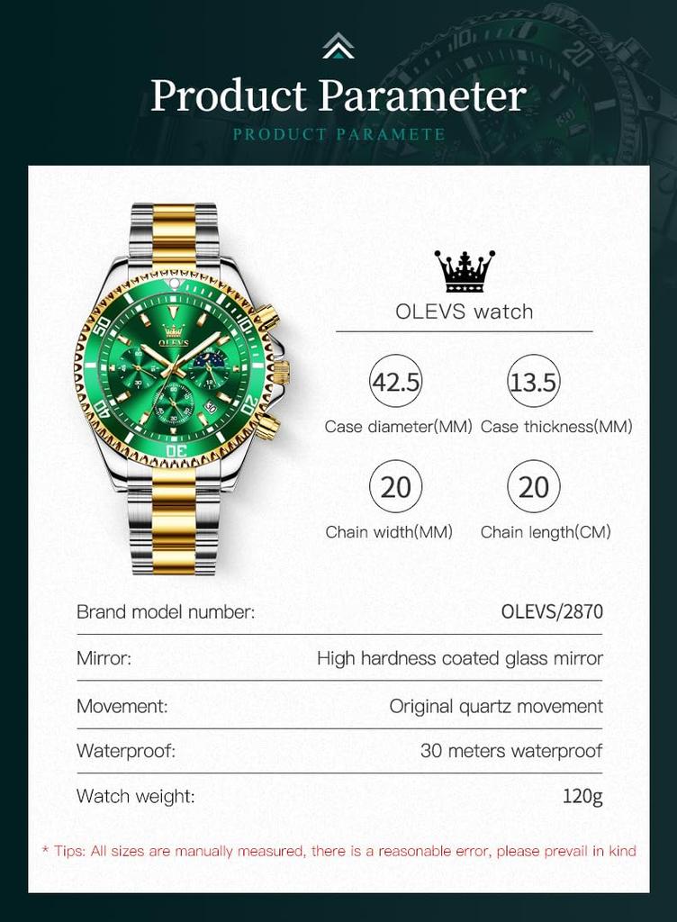OLEVS Analog Quartz 30M Water Metal Date Silver Stainless Large Green Men's Watch, Resistant, Band, Display, Steel, Dial,