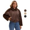 Vintage Style Womens Plush Fleece Bomber Jacket Windproof Warm Loose Fit Lapel Zipper Short Coat Long Sleeves Outerwear Autumn Winter Tops